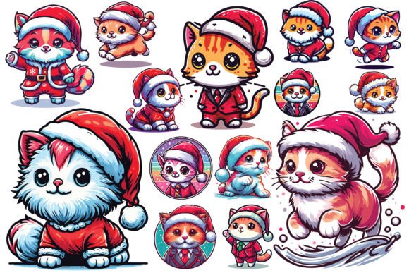 14 X Cat Wearing Christmas Hat Bundle Illustrations