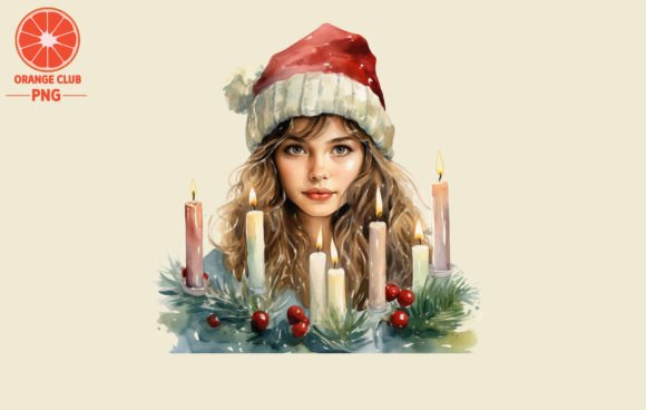Christmas Candles with Girl Watercolor Illustrations