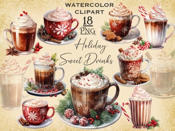 Christmas Drinks Watercolor PNG Bundle Illustrations
