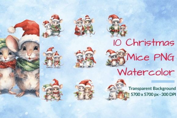 Christmas Mice Watercolor Funny Clipart & Illustrations
