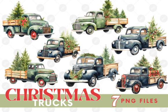 Christmas Truck Clipart Bundle Car PNG Illustrations