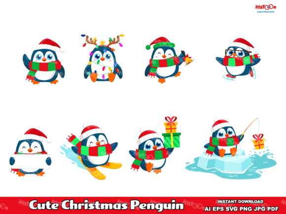 Cute Christmas Penguin ClipArt Set: Festive Illustrations