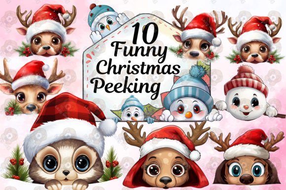 Funny Christmas Peeking Clipart: Cute Illustrations