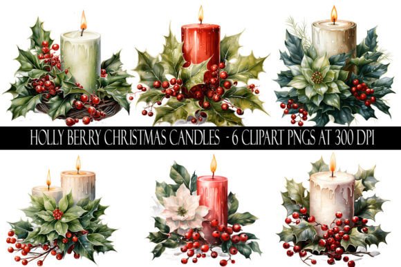 Holly Berry Christmas Candle Clipart Illustrations