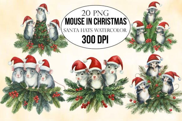Mouse in Christmas Santa Hats Watercolor Illustrations
