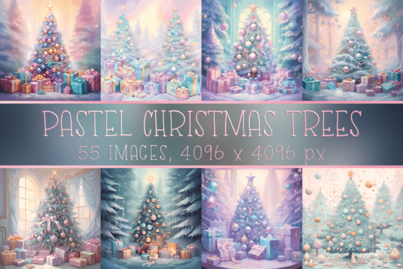 Pastel Christmas Trees and Gifts Illustrations