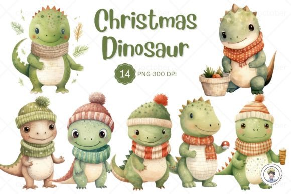 Review: Watercolor Christmas Dinosaur Clipart for Stitching