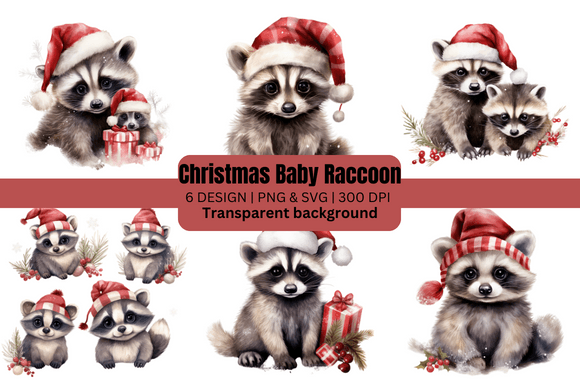 Watercolor Christmas Baby Raccoon Illustrations