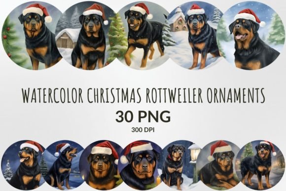 Watercolor Christmas Rottweiler Ornament Illustrations