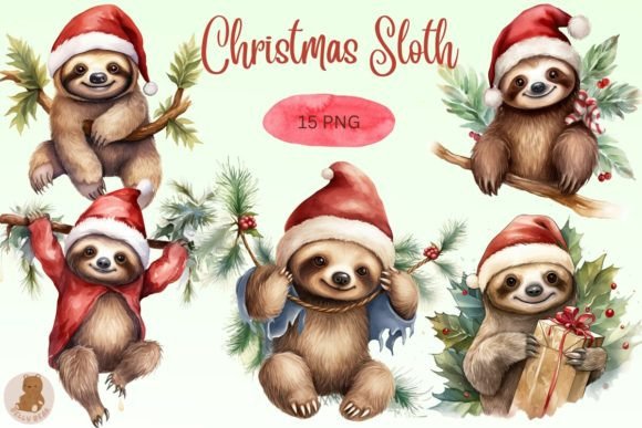 Watercolor Christmas Sloth Bundle Illustrations