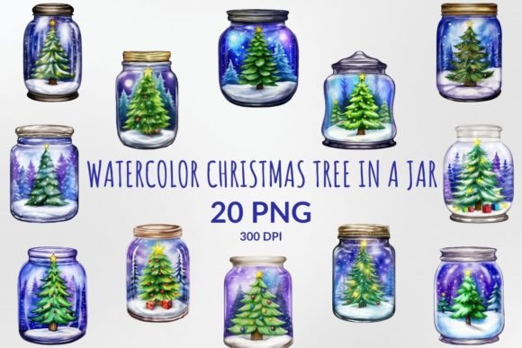 Watercolor Christmas Tree in a Jar Illustrations