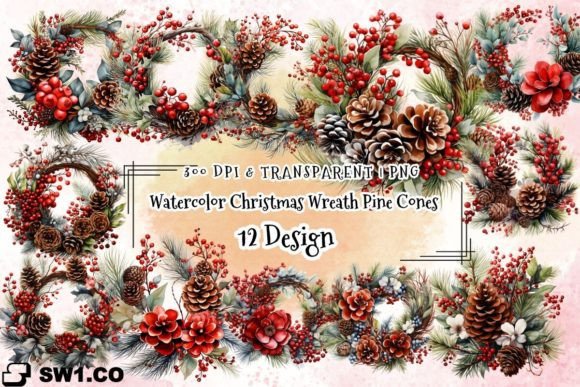 Watercolor Christmas Wreath Pine Cones Illustrations